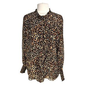 TTAHARI Womens Button Up Top Long Sleeve Shirt Ruffle Sz XL Cheetah Chiffon  45P